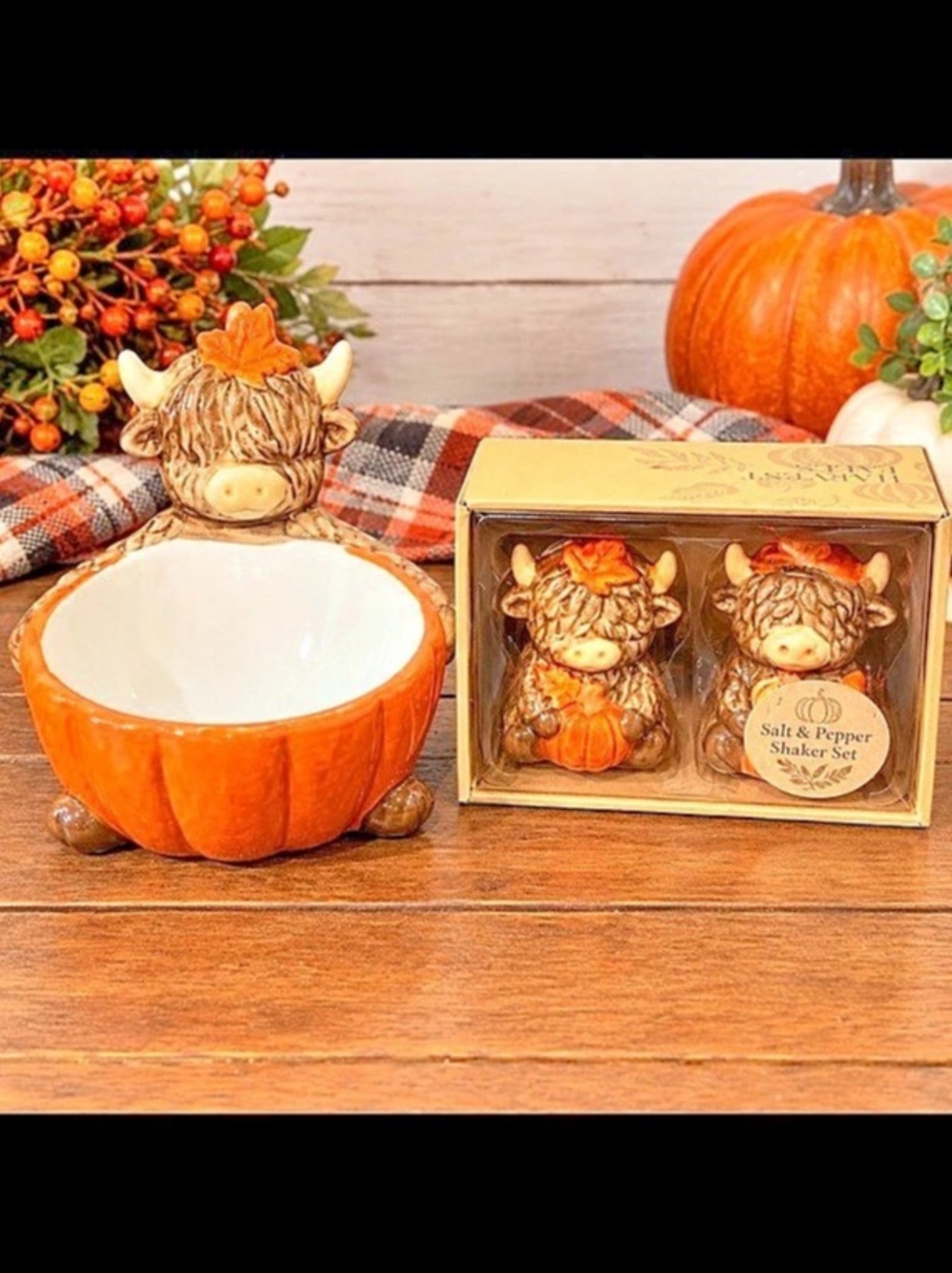 Highland Cow Pumpkin Salt & Pepper Shakers and small dish
